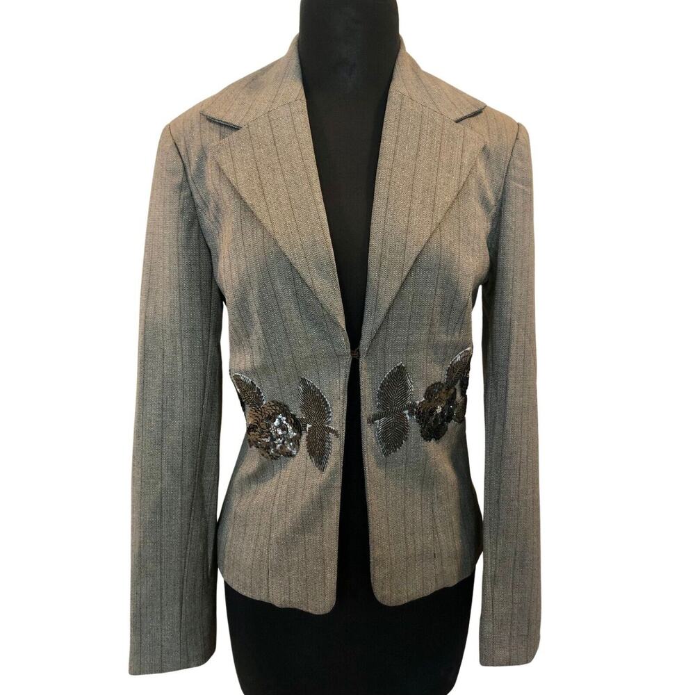 Cache Luxe Brown Oatmeal Elaborate Bead Embellished Lined Suit Jacket $328 NWT